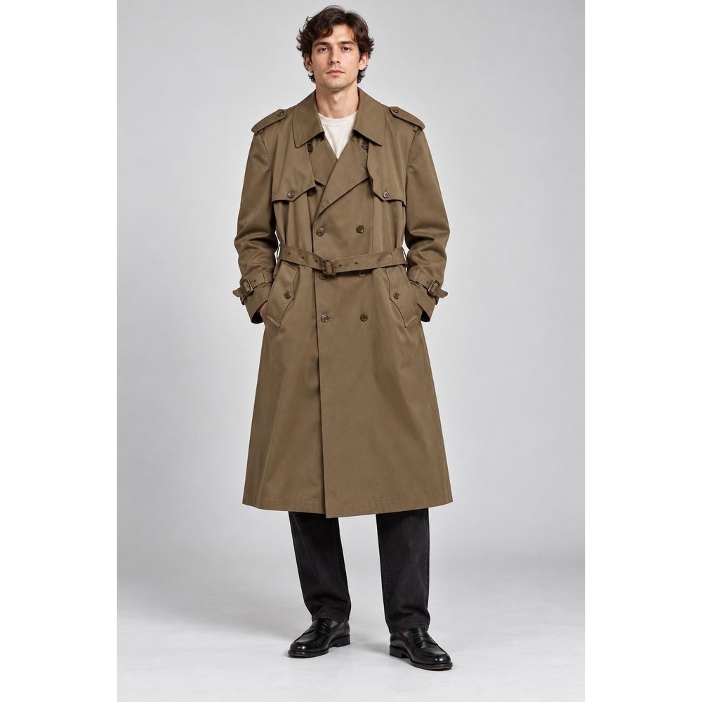 Vintage Oleg Cassini Men's Olive Brown Double-Breasted Trench Coat 46R Heritage